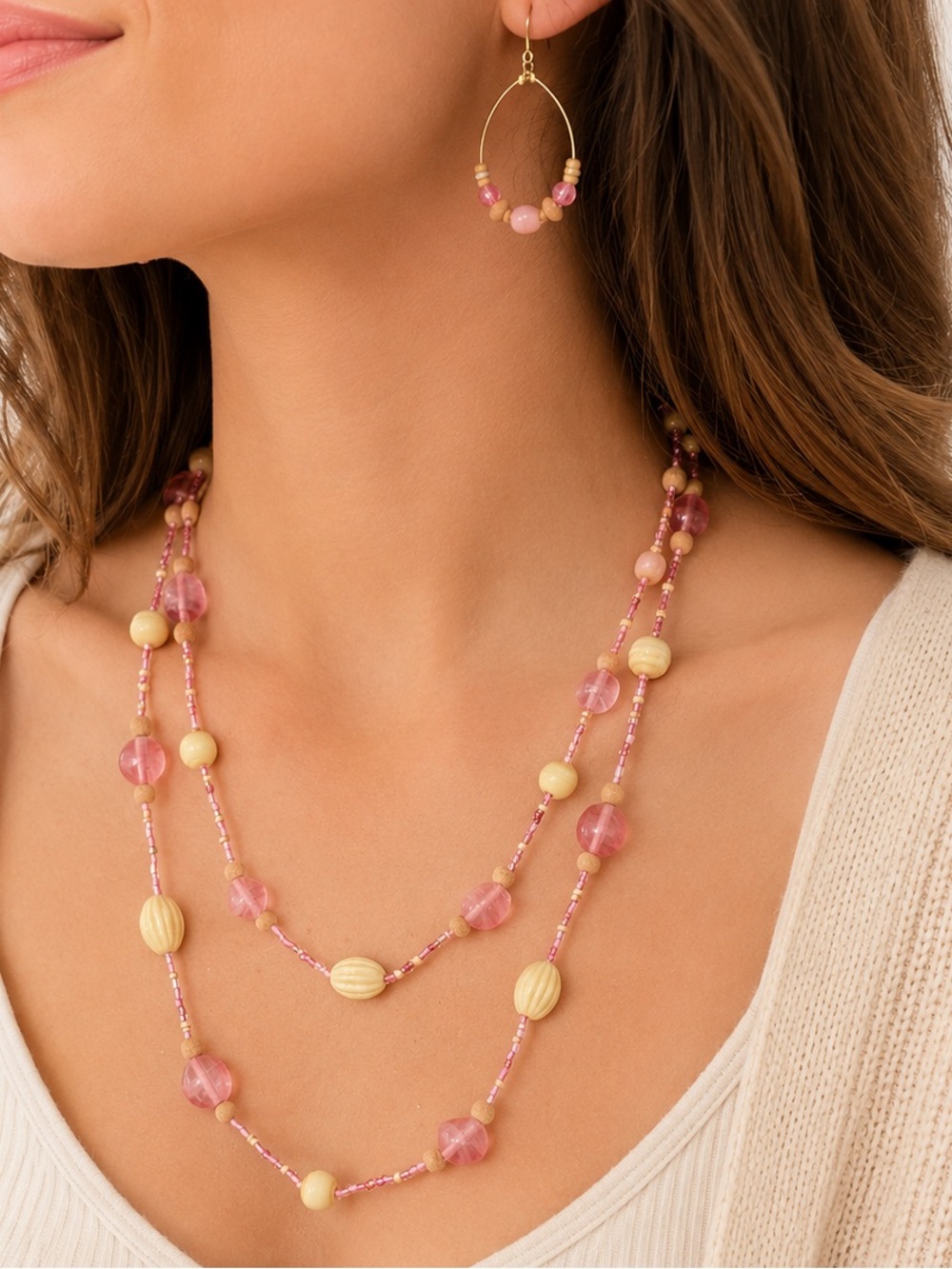Pink Beaded Layered Necklace & Hoop Earring Set Boho Cottagecore Statement